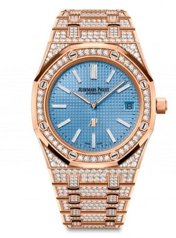 Audemars Piguet Royal Oak Extra-Thin Pink Gold Diamond Blue Replica Watch 15202OR.ZZ.1241OR.01