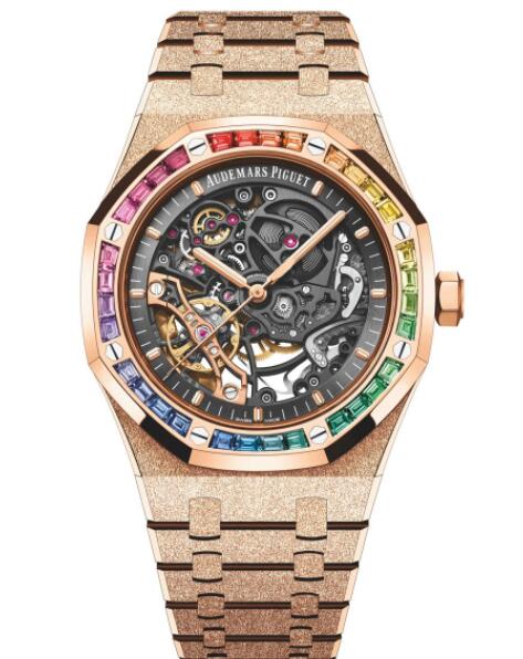 Replica Audemars Piguet Royal Oak 41 Double Balance Wheel Openworked Frosted Pink Gold Rainbow Watch 15412OR.YG.1224OR.01