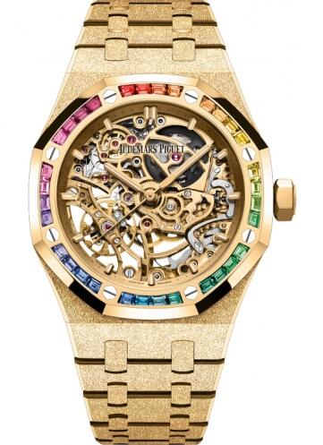 Replica Audemars Piguet Royal Oak 37 Double Balance Wheel Openworked Frosted Yellow Gold Rainbow Watch 15468BA.YG.1259BA.01