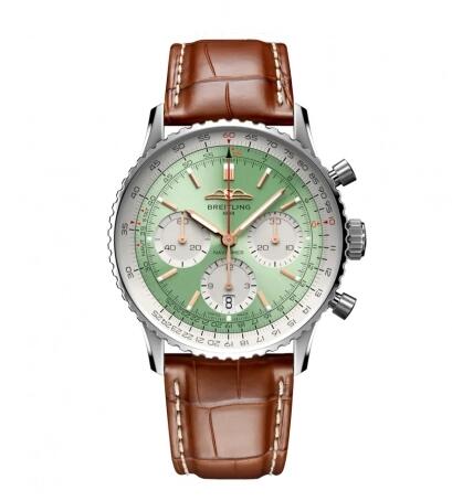 2022 Breitling Navitimer B01 Chronograph 41 Stainless Steel Mint Green Alligator Folding Replica Watch AB0139211L1P1