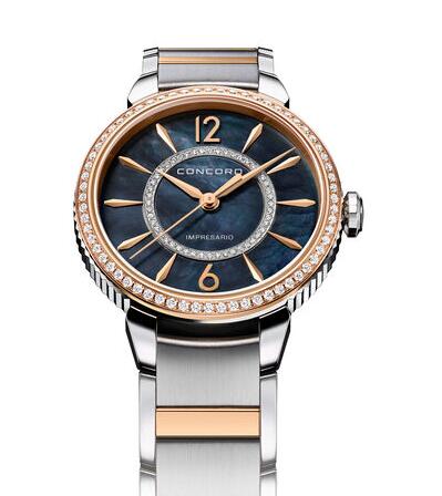 Replica Vintage Concord women's Impresario 32mm Stainless Steel and Rose Gold watch with Black Mother of Pearl Review impresario-0320336 Replica Vintage Concord women's Impresario 32mm Stainless Steel and Rose Gold watch with Black Mother of Pearl Review impresario-0320336
