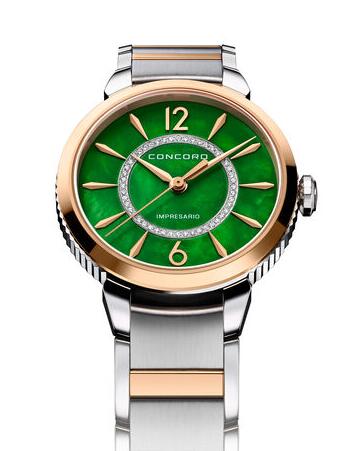 Replica Vintage Concord women's Impresario Stainless Steel and Rose Gold Watch with Green Mother of Pearl Dial Watch with Diamonds Review impresario-0320388 Replica Vintage Concord women's Impresario Stainless Steel and Rose Gold Watch with Green Mother of Pearl Dial Watch with Diamonds Review impresario-0320388